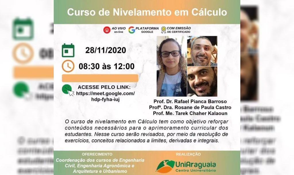 Engenharia Civil, Engenharia Agronômica e Arquitetura e Urbanismo promovem Curso de Nivelamento em Cálculo